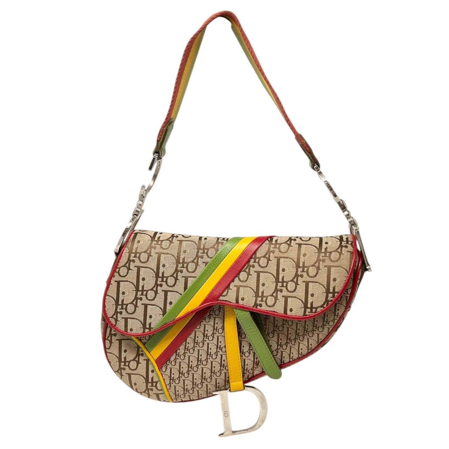 Christian Dior Vintage 2004 Trotter Monogram Logo Saddle Bag Rasta Brown PVC