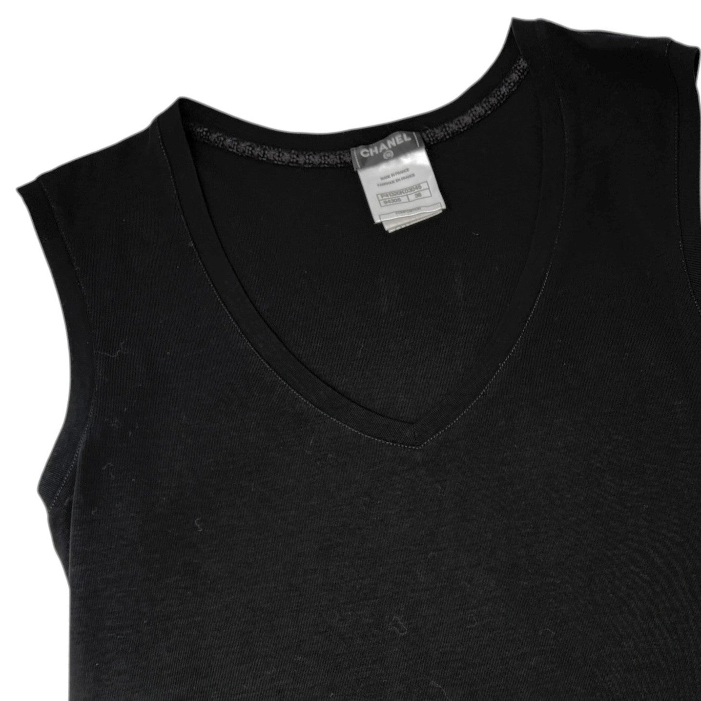 CHANEL Vintage P41320 V-neck Tank Top #38 Pullover Sleeveless Cotton Black
