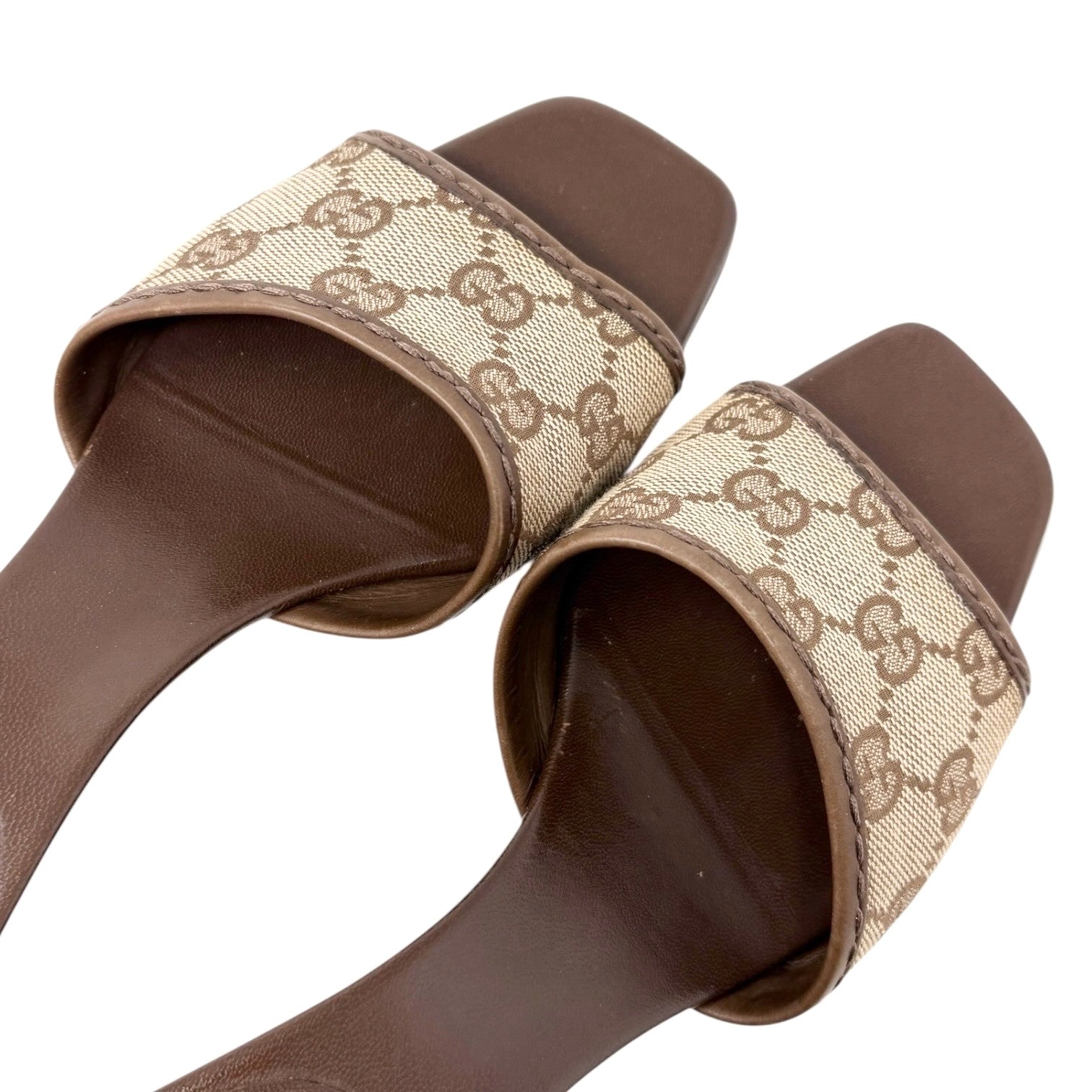 GUCCI Vintage GG Logo Monogram Sandals Block Heels #36.5 Brown Canvas Leather