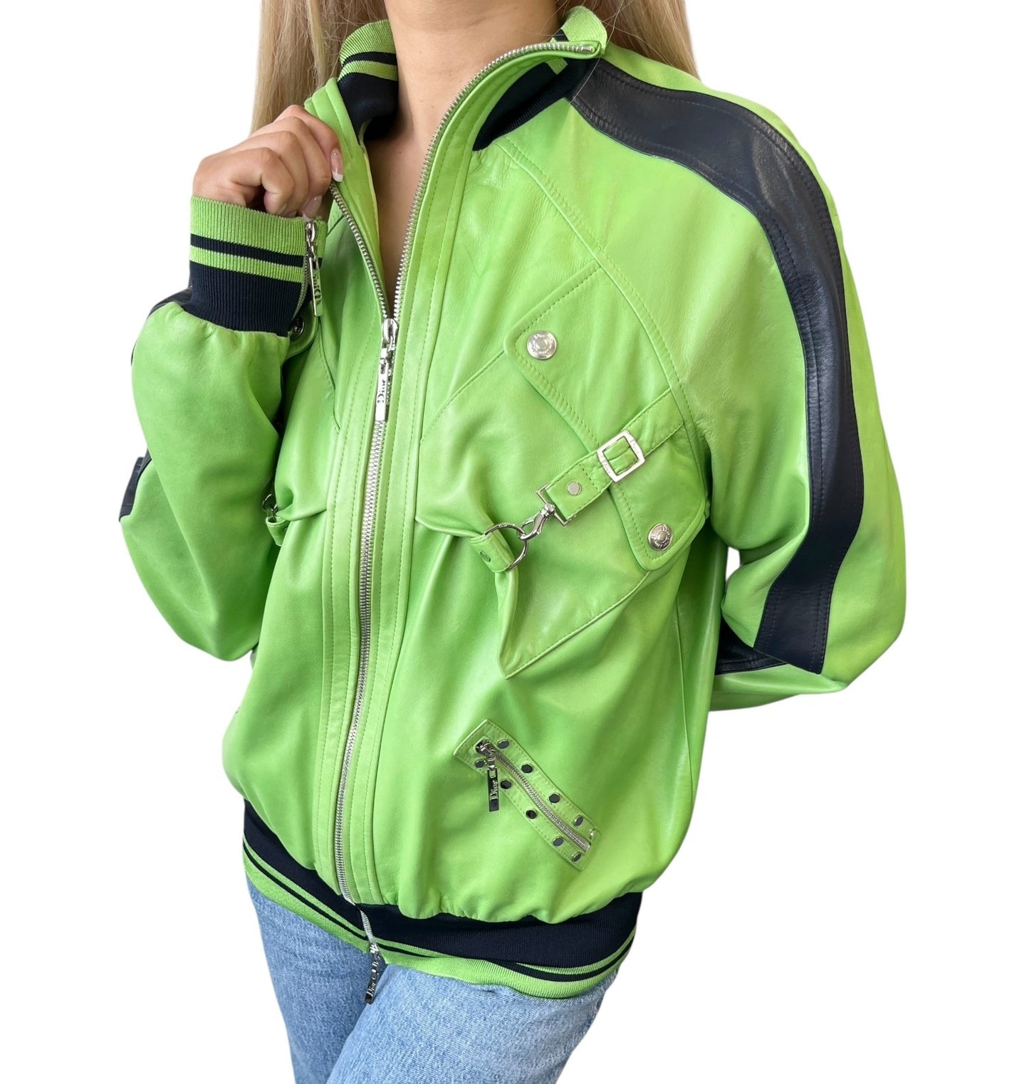 Christian Dior Vintage 2004 Logo Leather Jacket #36 Light Green Lambskin Black