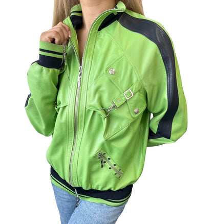 Christian Dior Vintage 2004 Logo Leather Jacket #36 Light Green Lambskin Black