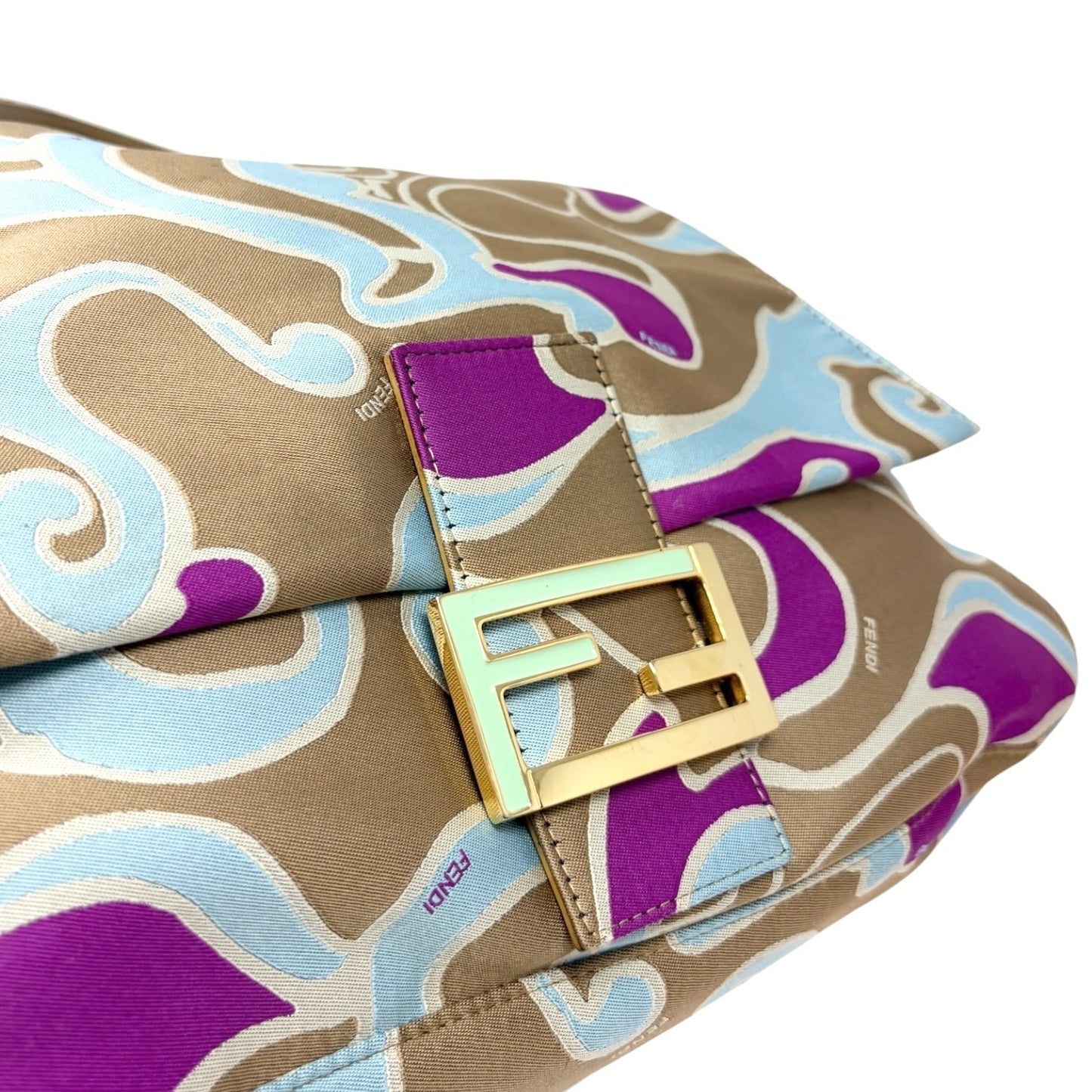 FENDI Vintage FF Logo Mamma Baguette Psychedelic Print Shoulder Bag Silk Beige