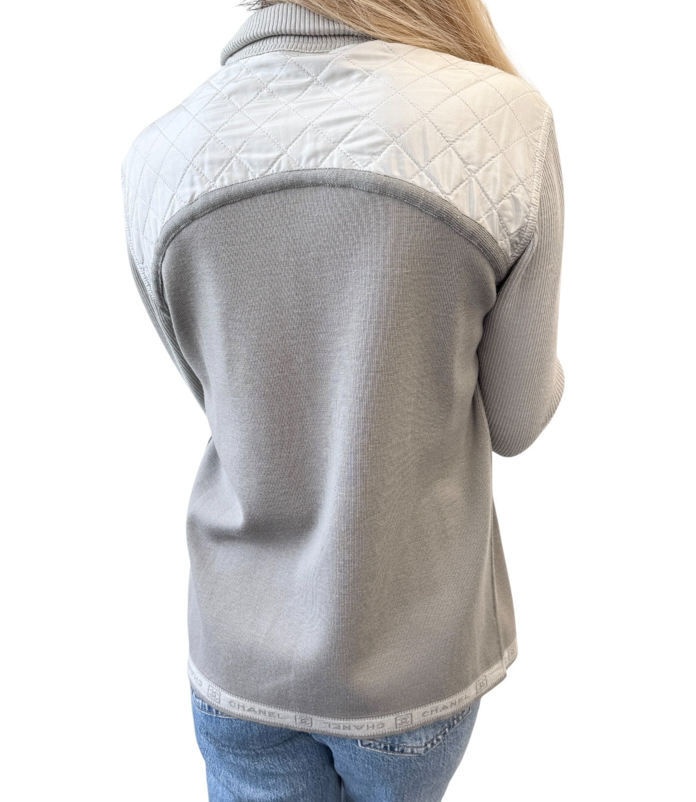 CHANEL Sport Vintage 04P CC Logo Zipped Quilted Jacket Top #44 Gray Silver Wool