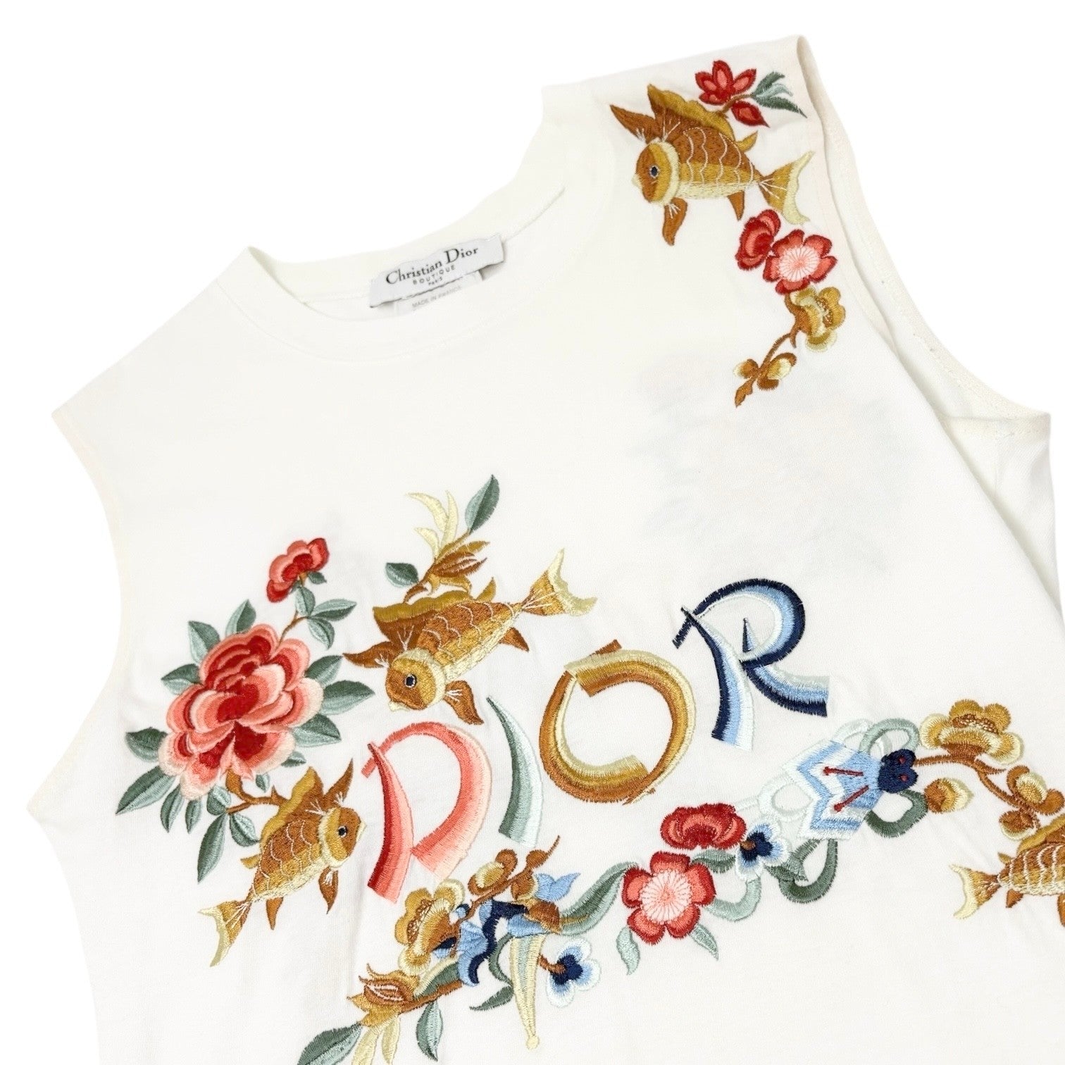 Christian Dior Vintage 2002 Goldfish Floral Embroidery Tank Top #38 White
