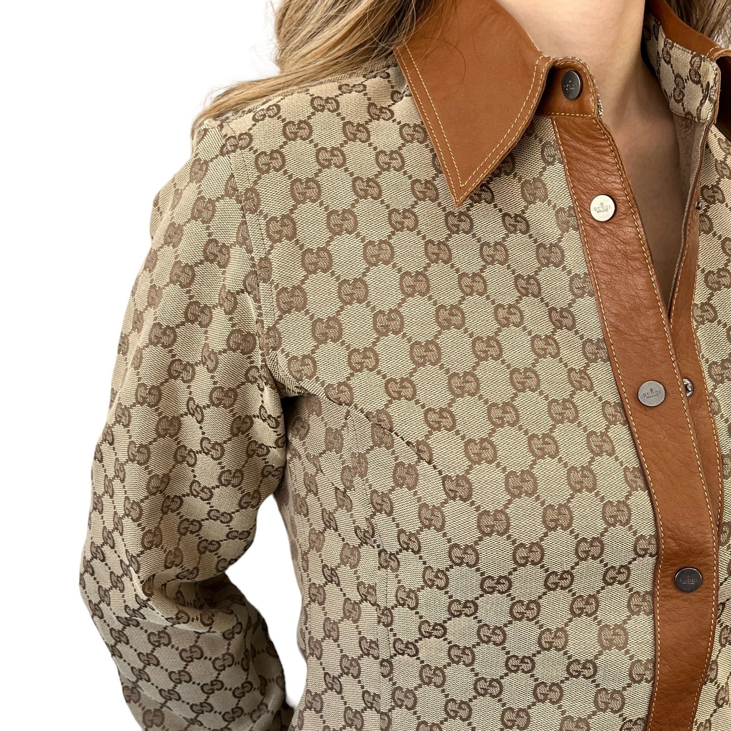 GUCCI Vintage GG Monogram Logo Shirt Jacket Top #38 Beige Brown Canvas Leather