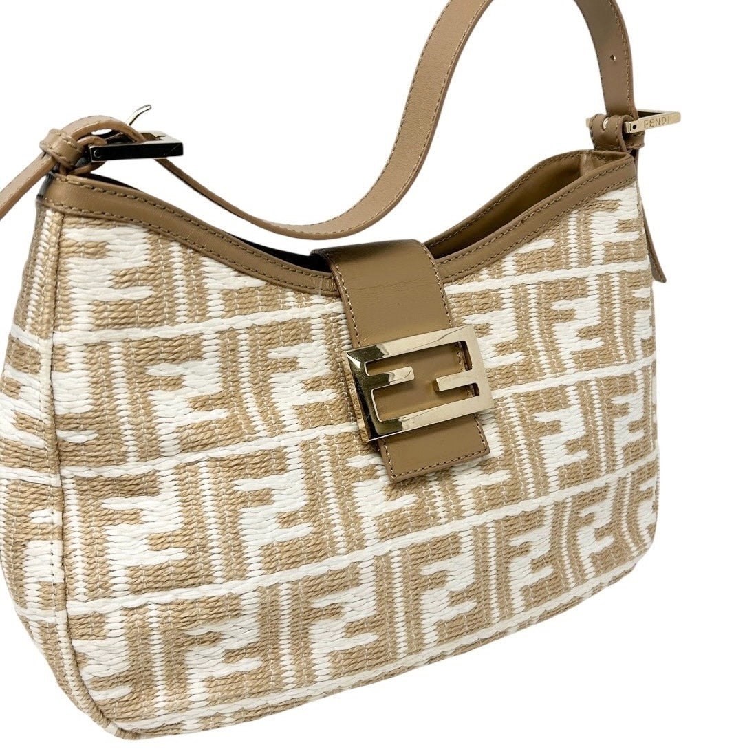 FENDI Vintage FF Logo Zucca Raffia Hobo Shoulder Bag Beige White Leather