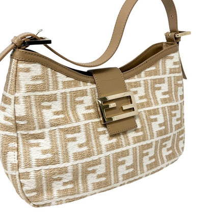 FENDI Vintage FF Logo Zucca Raffia Hobo Shoulder Bag Beige White Leather