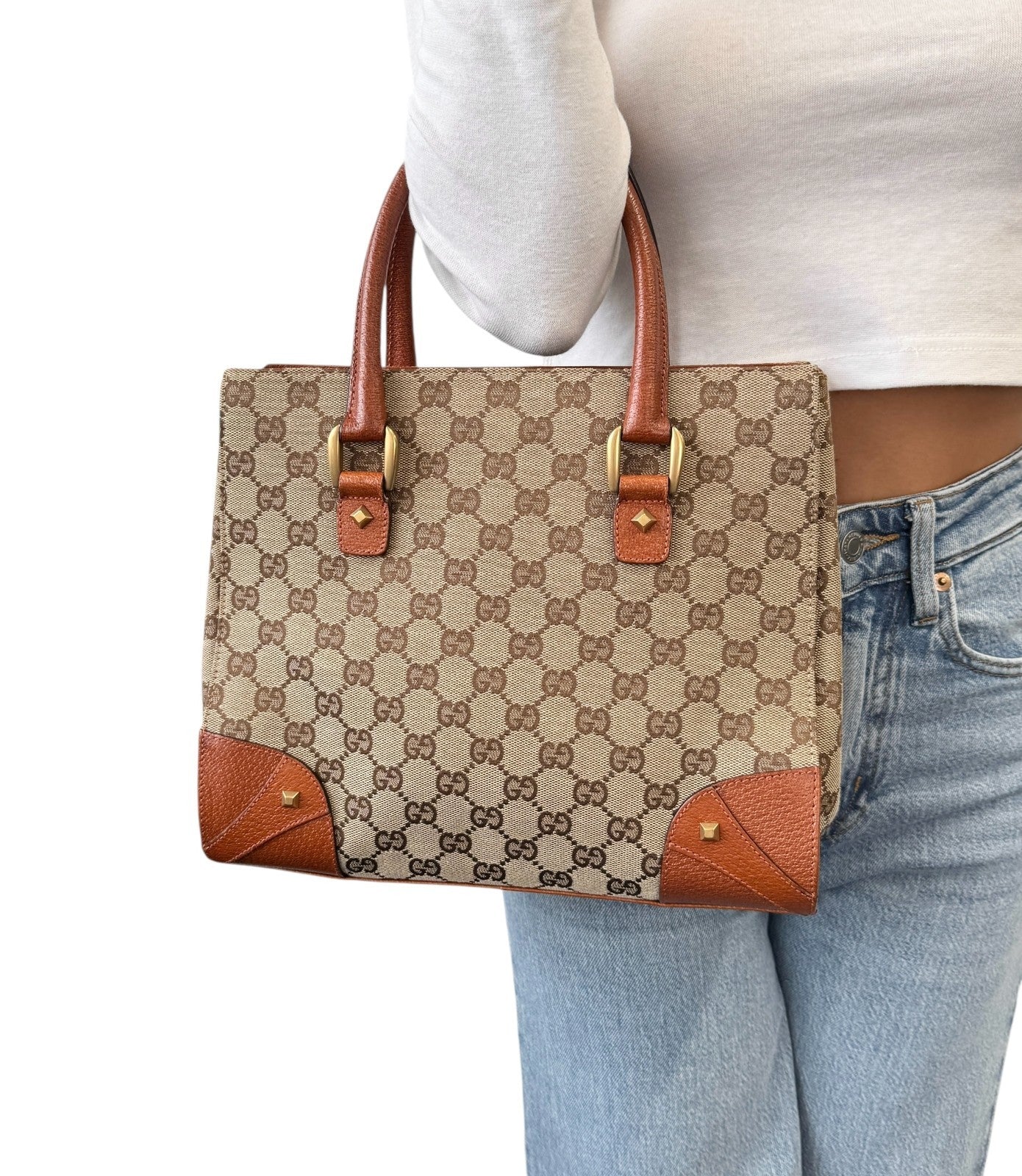 GUCCI Vintage GG Canvas Monogram Tote Bag Nailhead Orange Brown Studs Leather