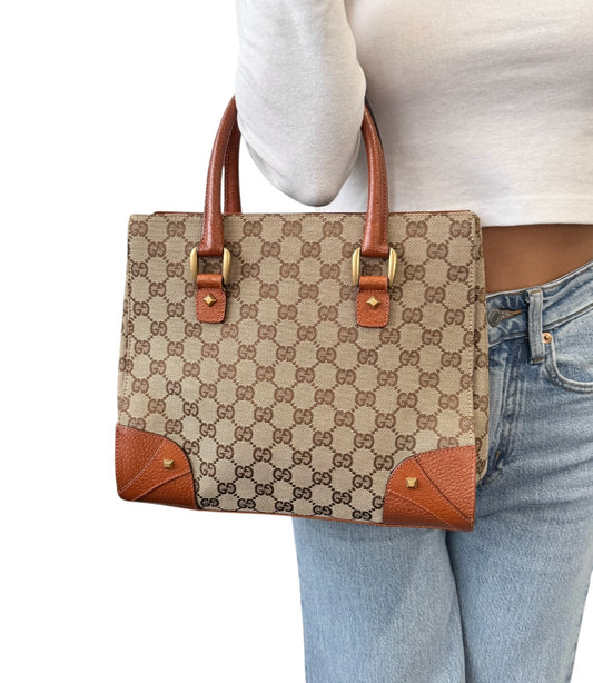 GUCCI Vintage GG Canvas Monogram Tote Bag Nailhead Orange Brown Studs Leather