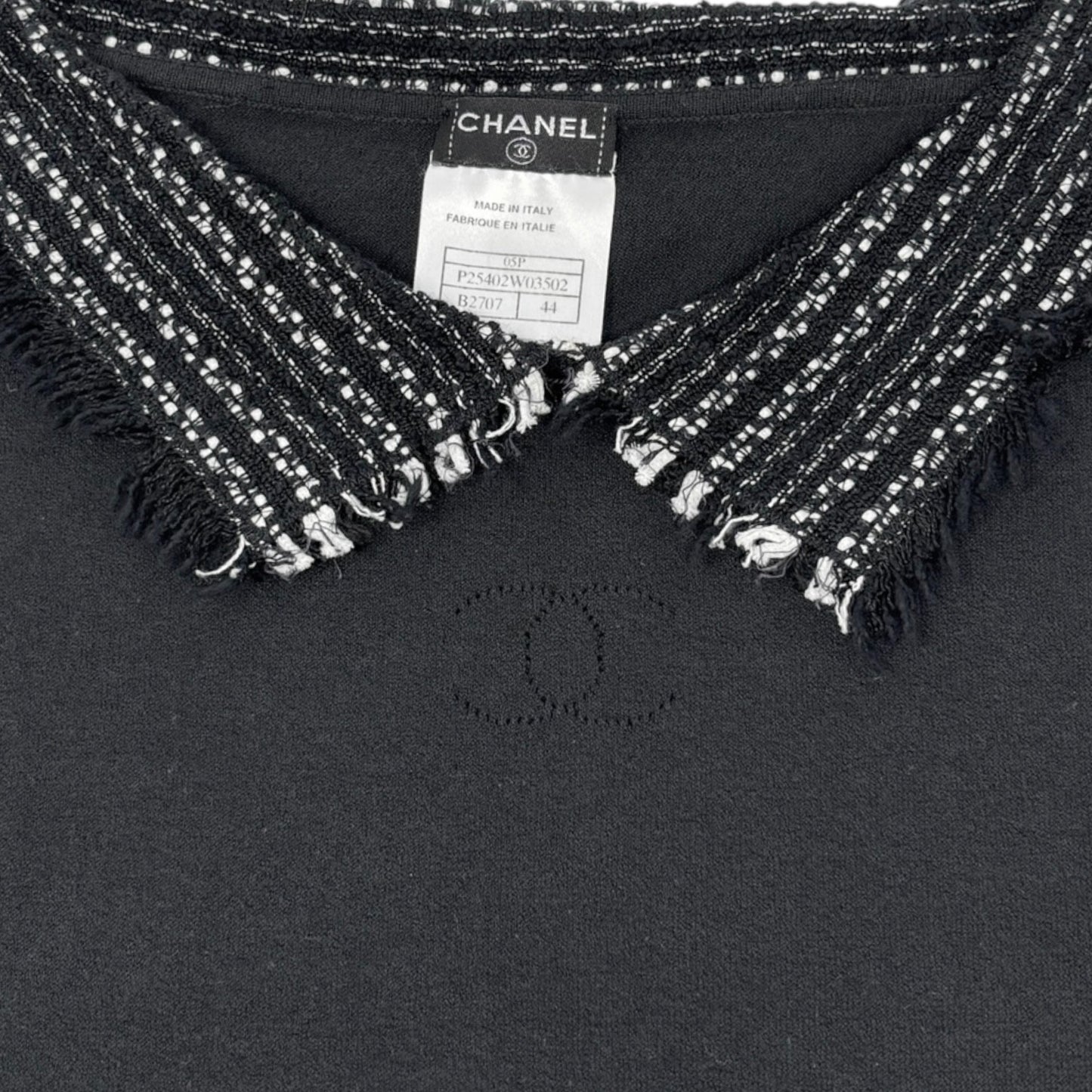 CHANEL Vintage 05P CC Logo Knit Top Pullover #44 Black Short Sleeve Tweed