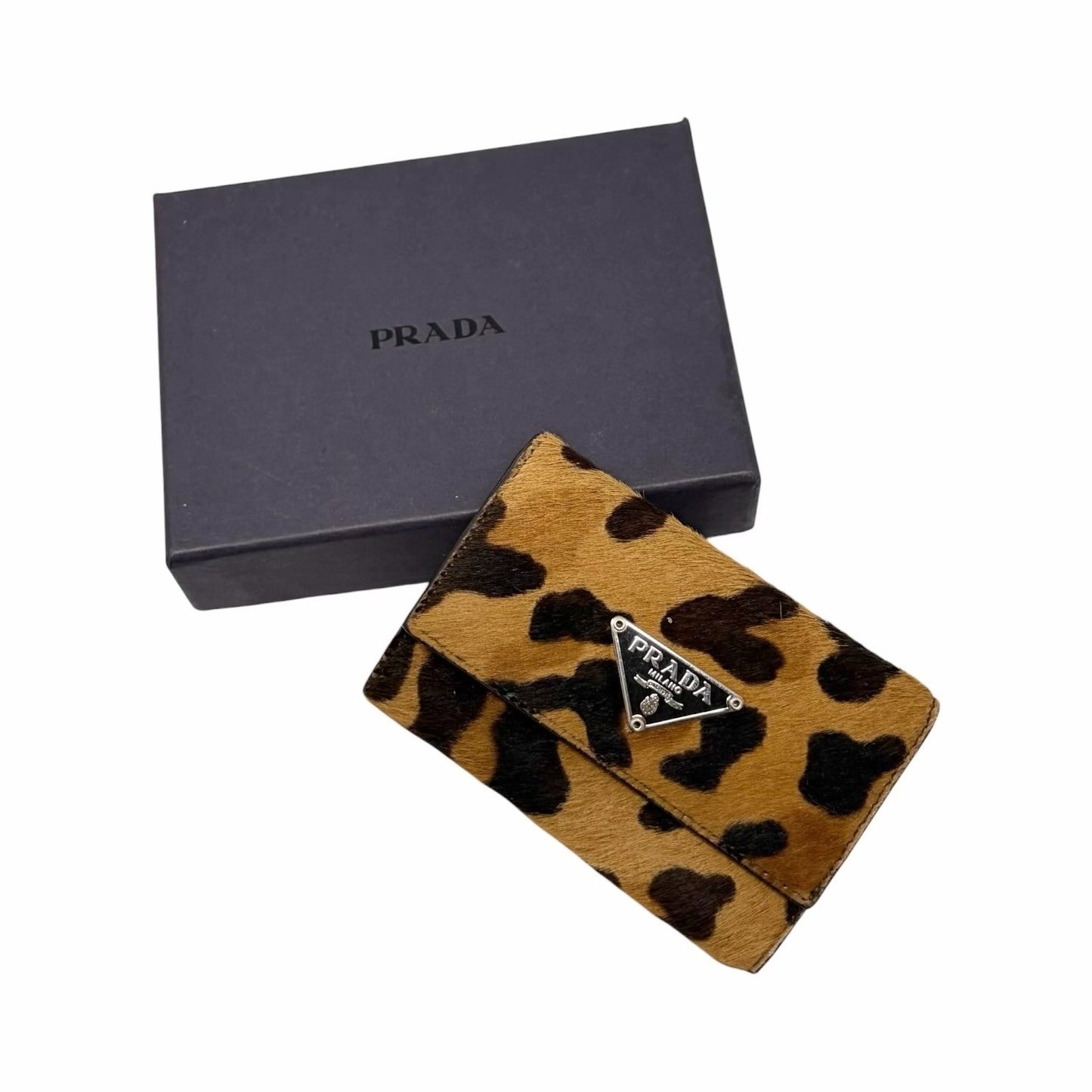 PRADA Vintage Triangle Logo Leopard Pony Hair Mini Key Case Brown Camel 902438