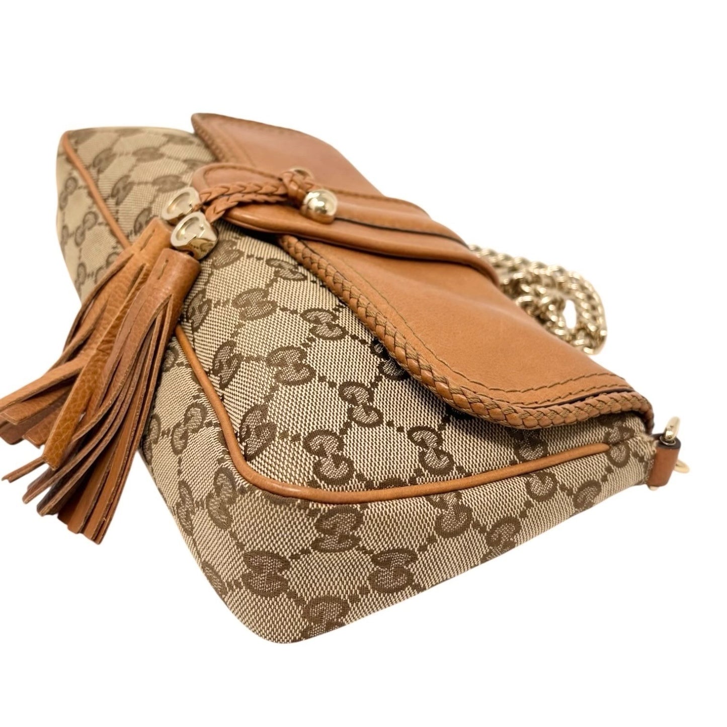GUCCI Vintage GG Monogram Logo Chain Shoulder Bag Fringe Brown Beige Gold