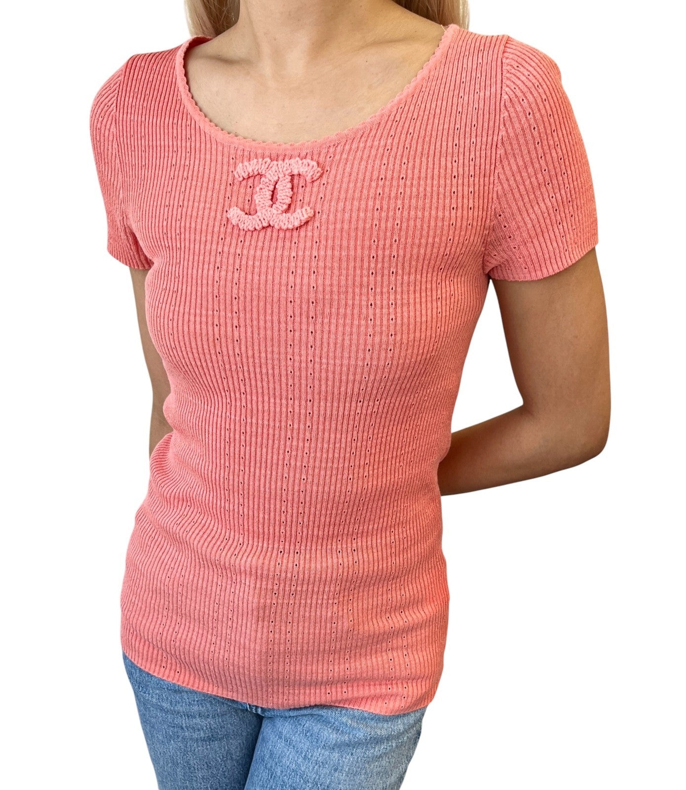CHANEL Vintage 09P CC Logo Rib Knit T-shirt Top #40 Orange Cotton 902267