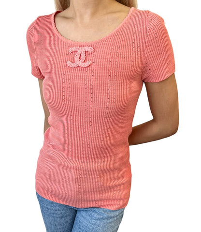 CHANEL Vintage 09P CC Logo Rib Knit T-shirt Top #40 Orange Cotton 902267