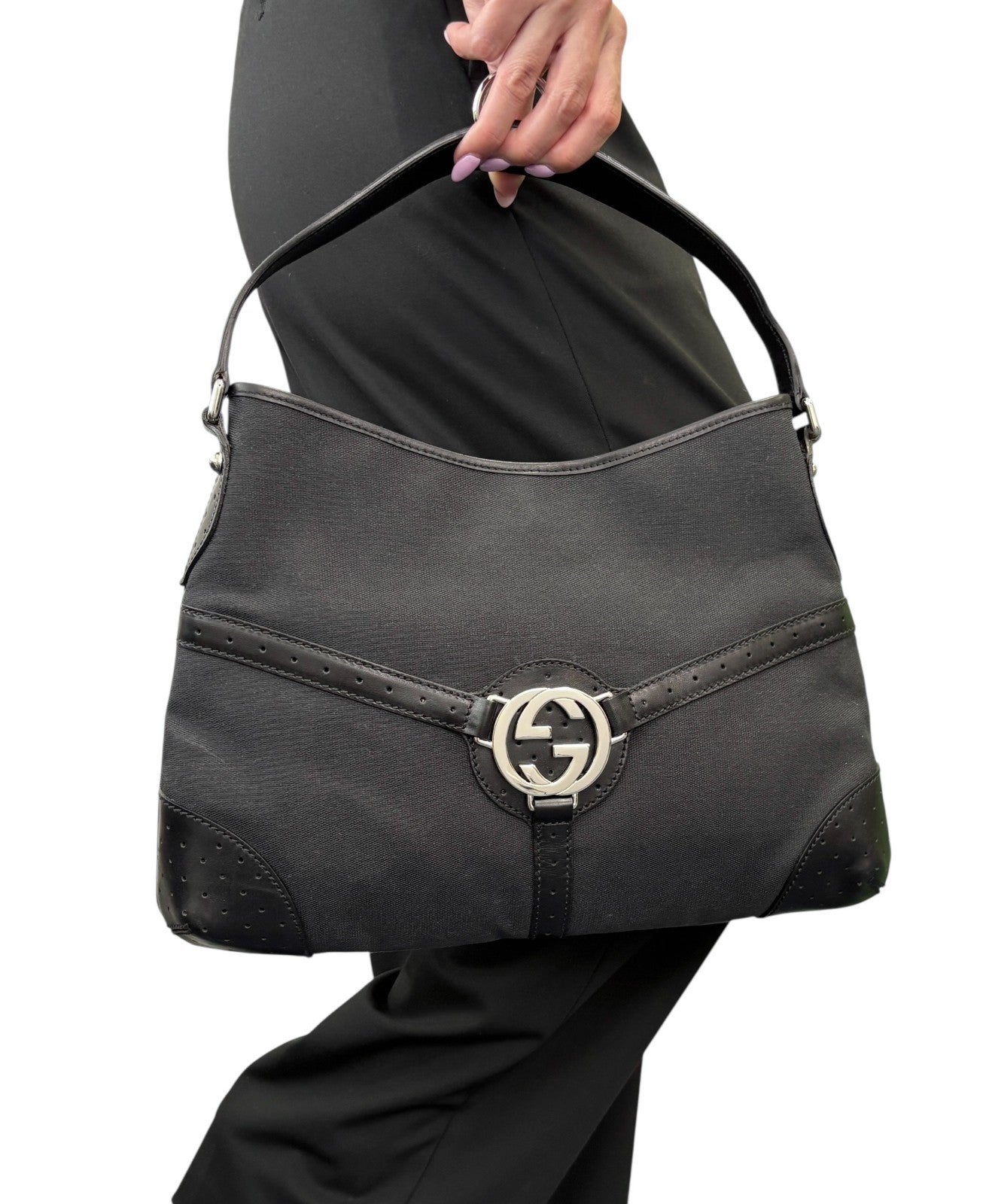 GUCCI Vintage Interlocking G Reins Perforated Cotton Hobo Bag Black Silver