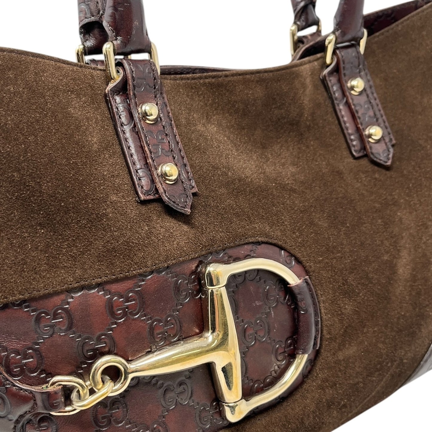 GUCCI Vintage GG Monogram Horsebit Suede Shoulder Bag Tote Brown Gold Leather