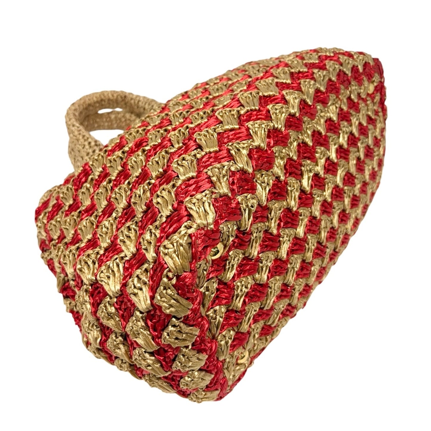 PRADA Vintage Triangle Logo Raffia Canapa Tote Bag Red Beige Gold Crochet 901970