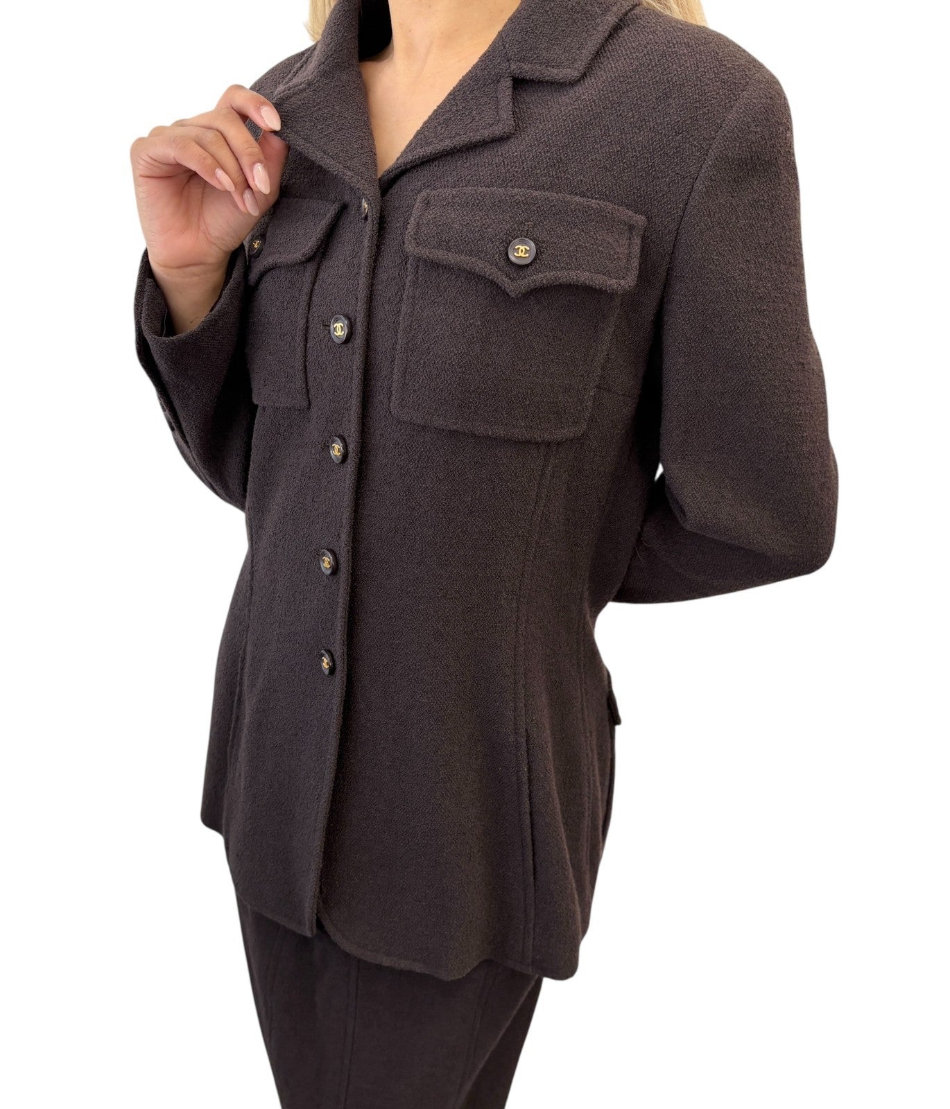 CHANEL Vintage 95A Tweed Suits Jacket Skirt #40 Wool Button Brown Gold