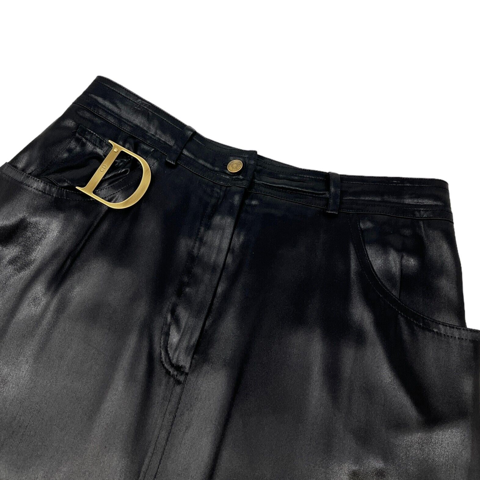 Christian Dior Vintage D Buckle Satin Skirt #40 Zip Black Gold Rank AB+
