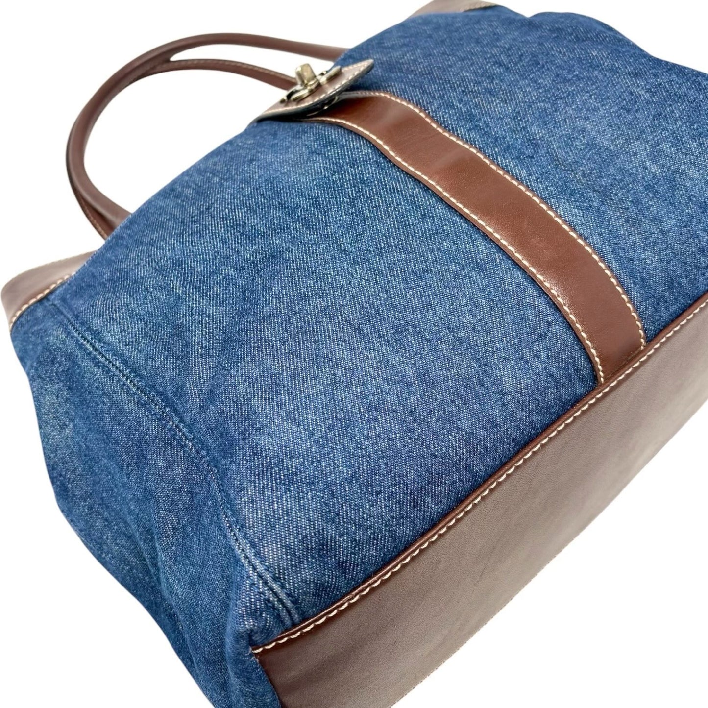 CHANEL Vintage CC Logo Denim Turnlock Tote Shoulder Bag Blue Brown Leather