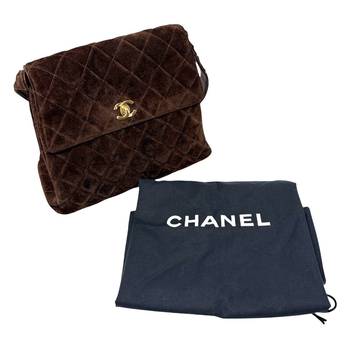 CHANEL Vintage CC Logo Turnlock Quilted Shoulder Bag Brown Gold Suede 901892
