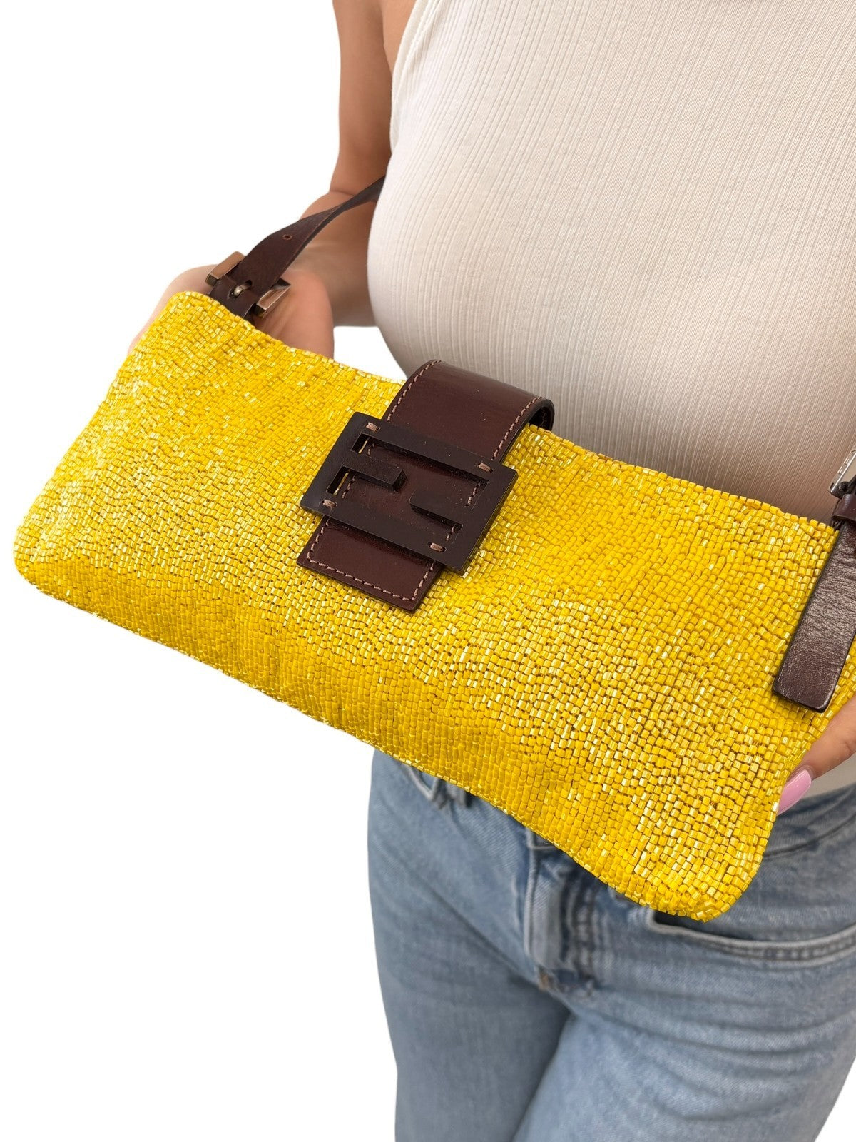 FENDI Vintage FF Logo Beads Mamma Baguette Crossbody Shoulder Bag Yellow Brown