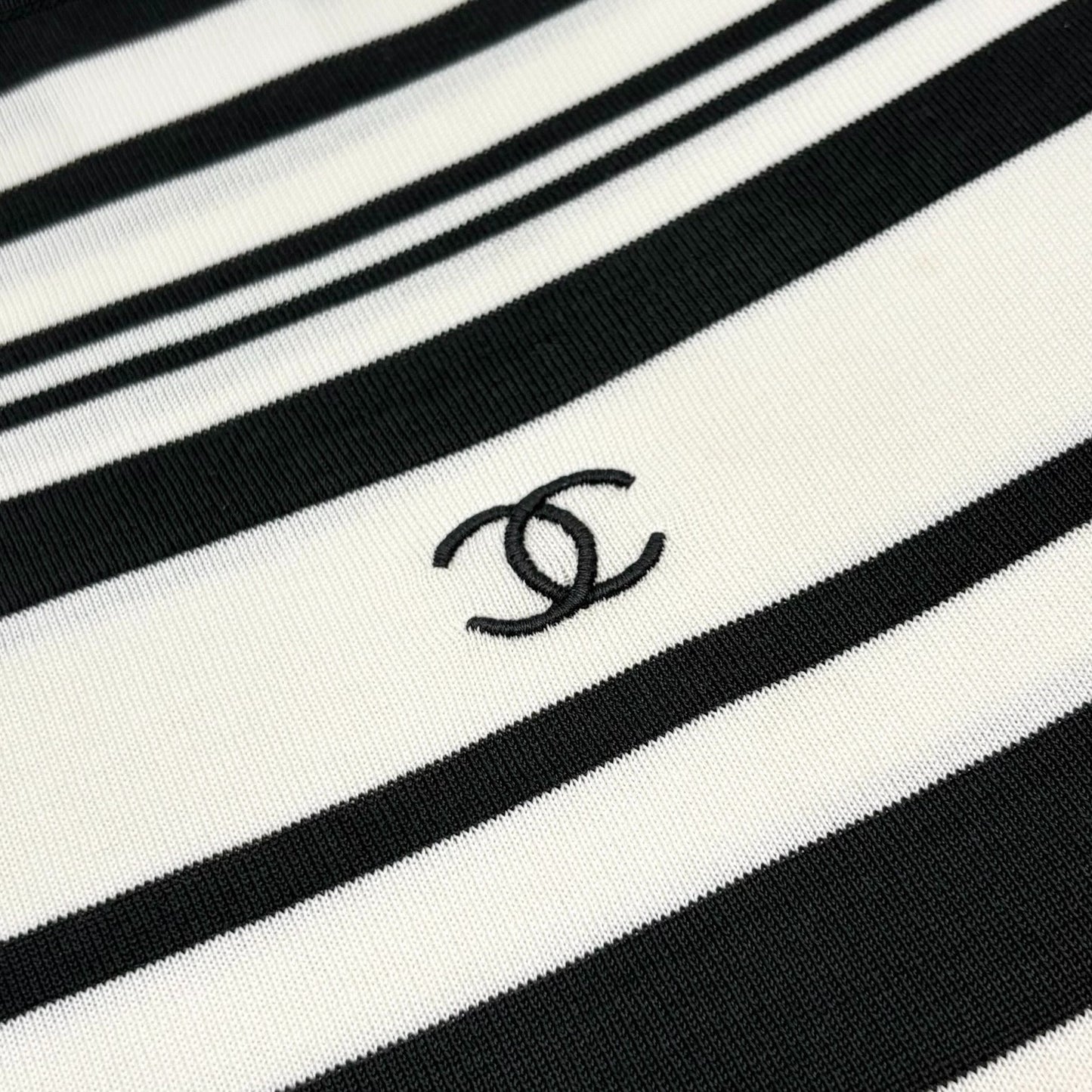 CHANEL Vintage 98P CC Logo Stripe Knit Dress #40 Black White Cotton 901808