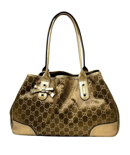 GUCCI Vintage GG Monogram Logo Princy Shoulder Bag Brown Gold Satin Leather