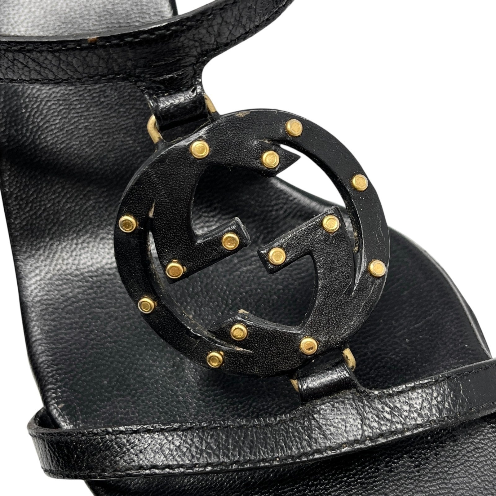 GUCCI Vintage GG Logo Slide Sandals Heels #36 Studs Stiletto Black Gold Leather