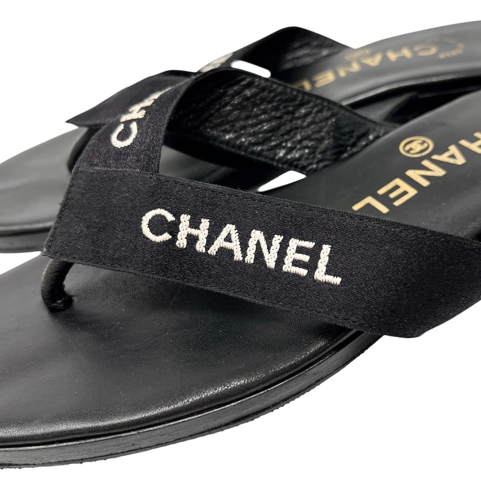 CHANEL Vintage CC Mark Logo Flip-Flops Sandals #37 Flat Black Leather Satin