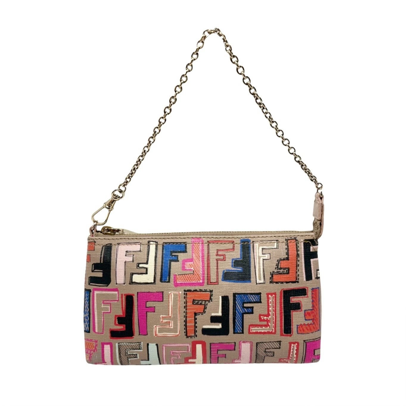 FENDI Vintage Zucca FF Monogram Chain Bag Pochette Beige Multicolor 901881