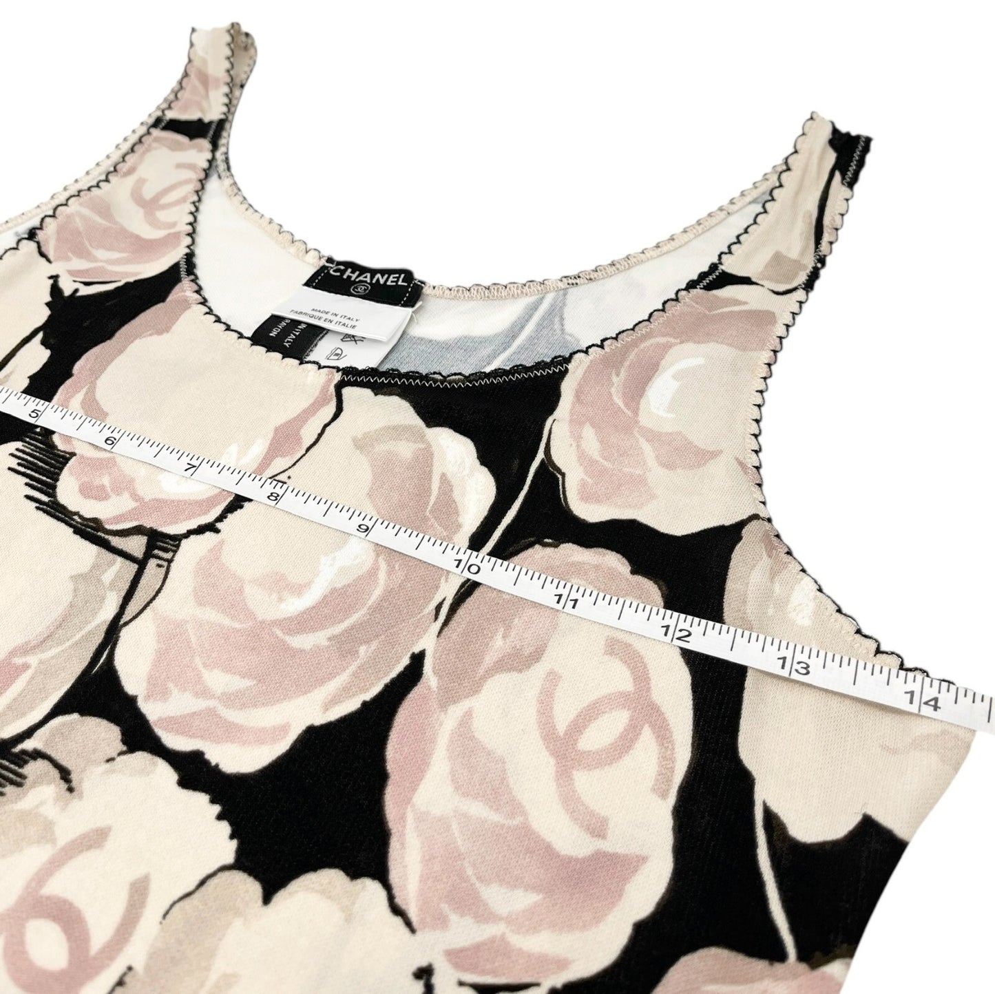 CHANEL Vintage 04A CC Camellia Logo Tank Top #38 Black Beige Pink Rayon