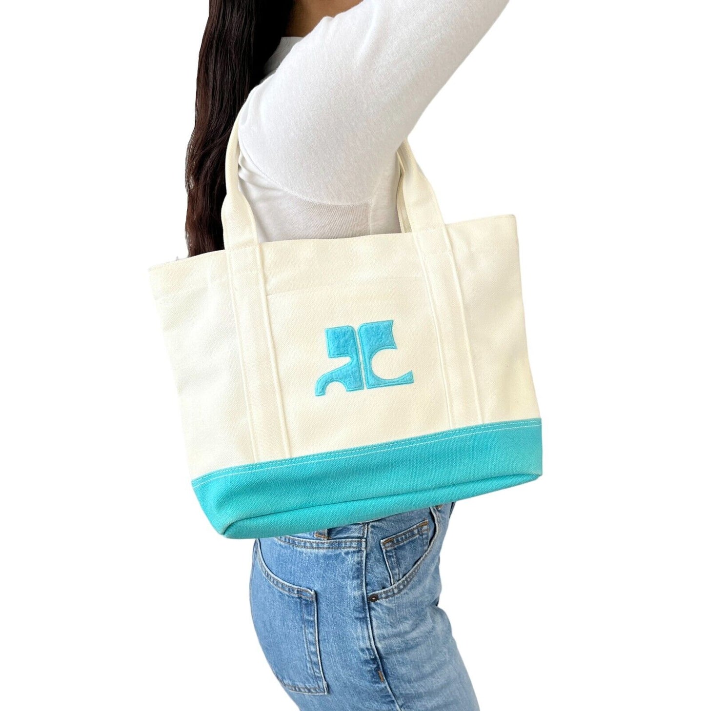 Courreges Vintage Logo Tote Bag Pocket Zip White Light Blue Cotton Rank AB