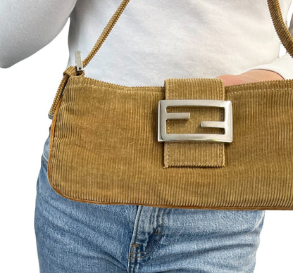 FENDI Vintage FF Logo Corduroy Mamma Baguette Shoulder Mini Bag Light Brown Zip