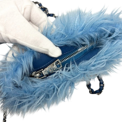 PRADA Vintage Logo Pelliccia Chain Shoulder Bag Mini Pouch Blue Faux Fur 902321