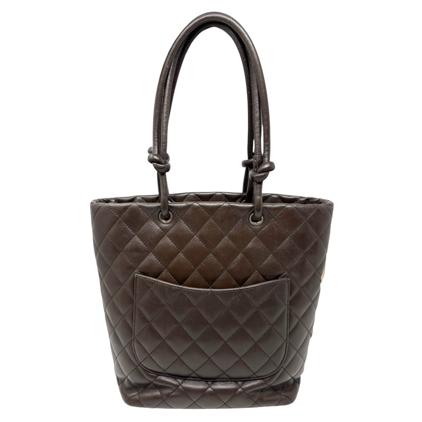 CHANEL Vintage Cambon Line CC Logo Quilted Tote Bag Brown Beige Leather 901900