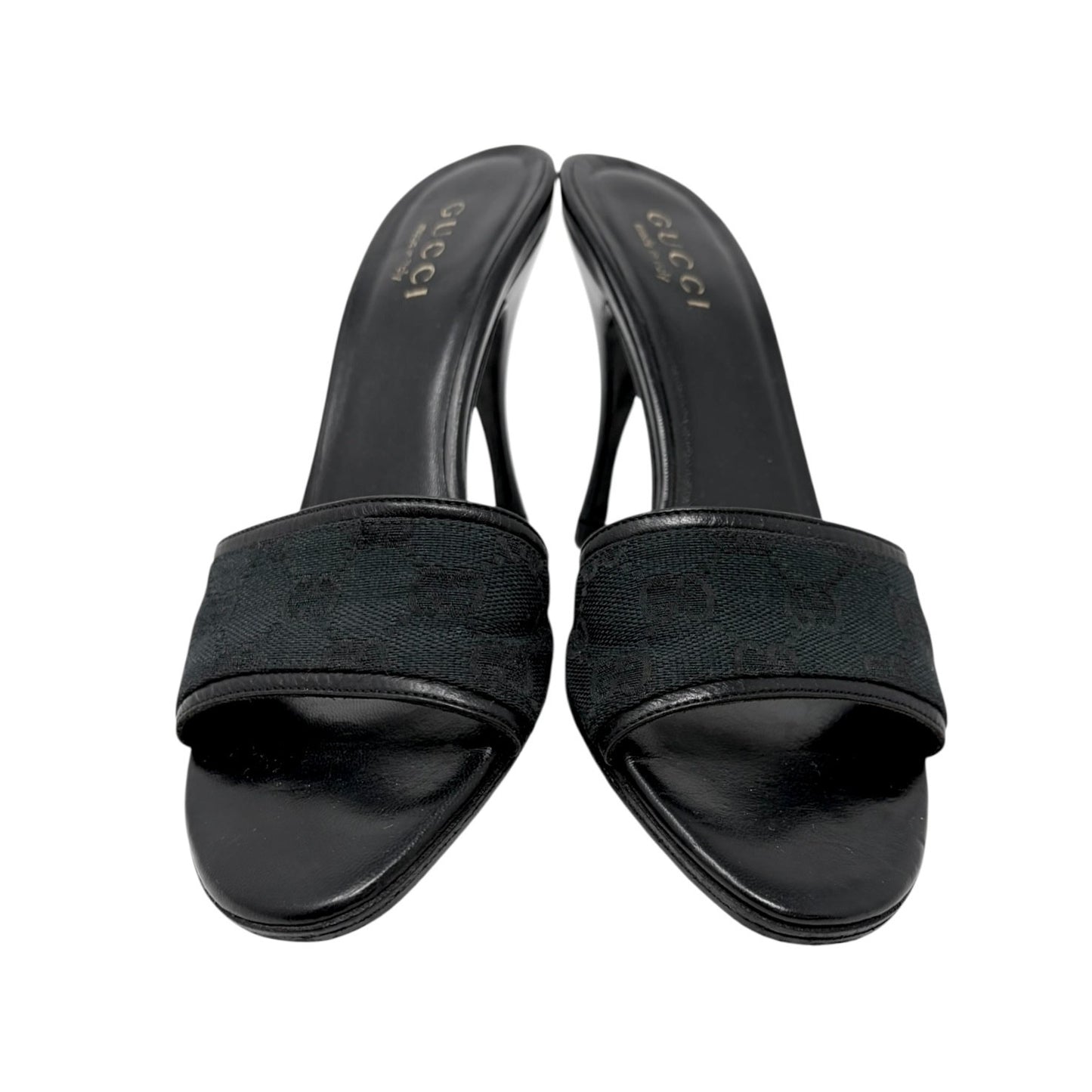 GUCCI Vintage GG Monogram Open Toe Sandals #37.5 Black Heels Canvas