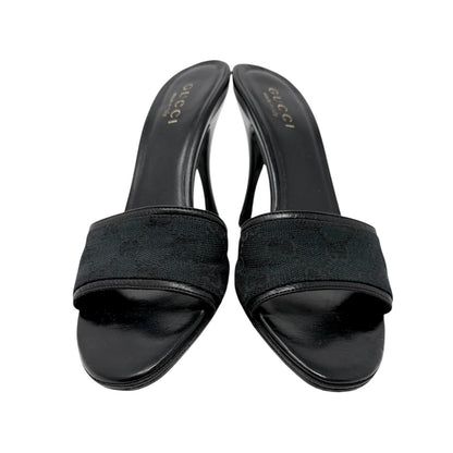 GUCCI Vintage GG Monogram Open Toe Sandals #37.5 Black Heels Canvas