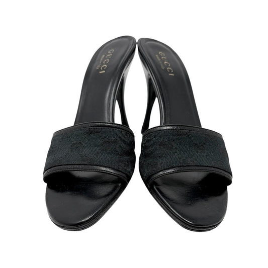 GUCCI Vintage GG Monogram Open Toe Sandals #37.5 Black Heels Canvas