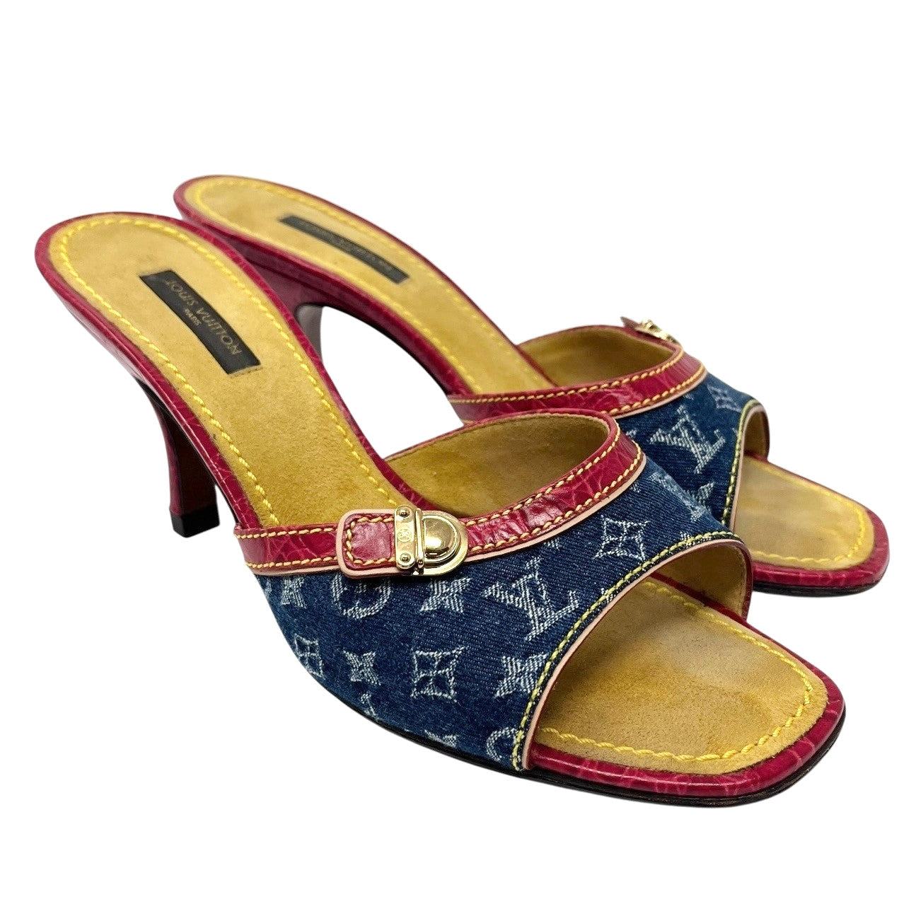 LOUIS VUITTON Vintage LV Monogram Logo Denim Sandals Heels #37-37.5 Blue Red