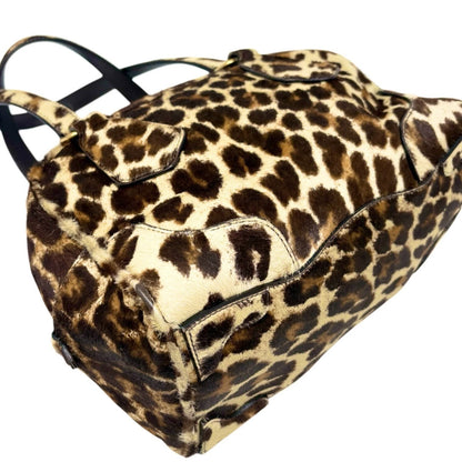 PRADA Vintage Leopard Pony Calf Hair Shoulder Top Handle Bag Cream Brown 902393