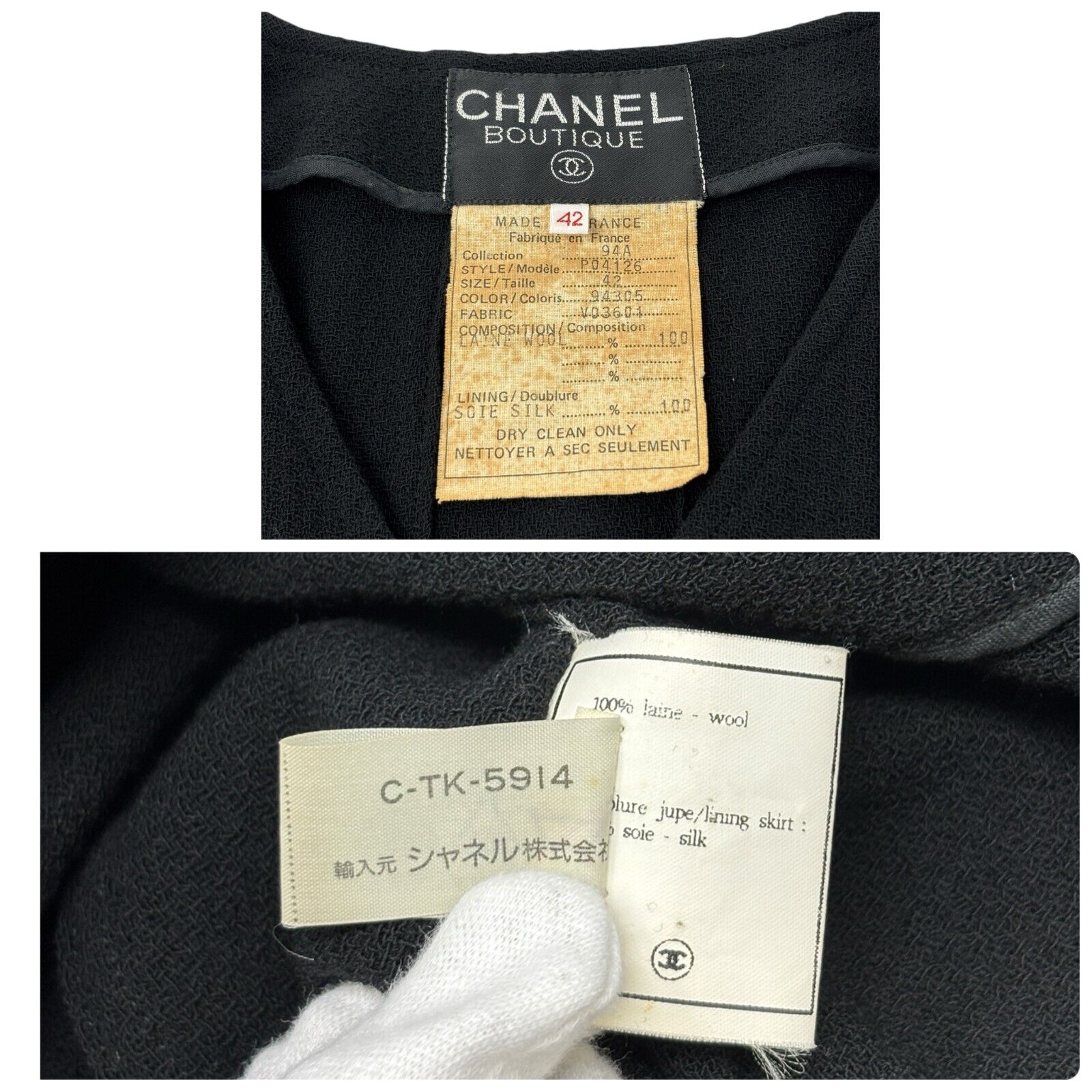 CHANEL Vintage 94A CC Logo Long Sleeve Dress #42 One-piece Black Wool Button