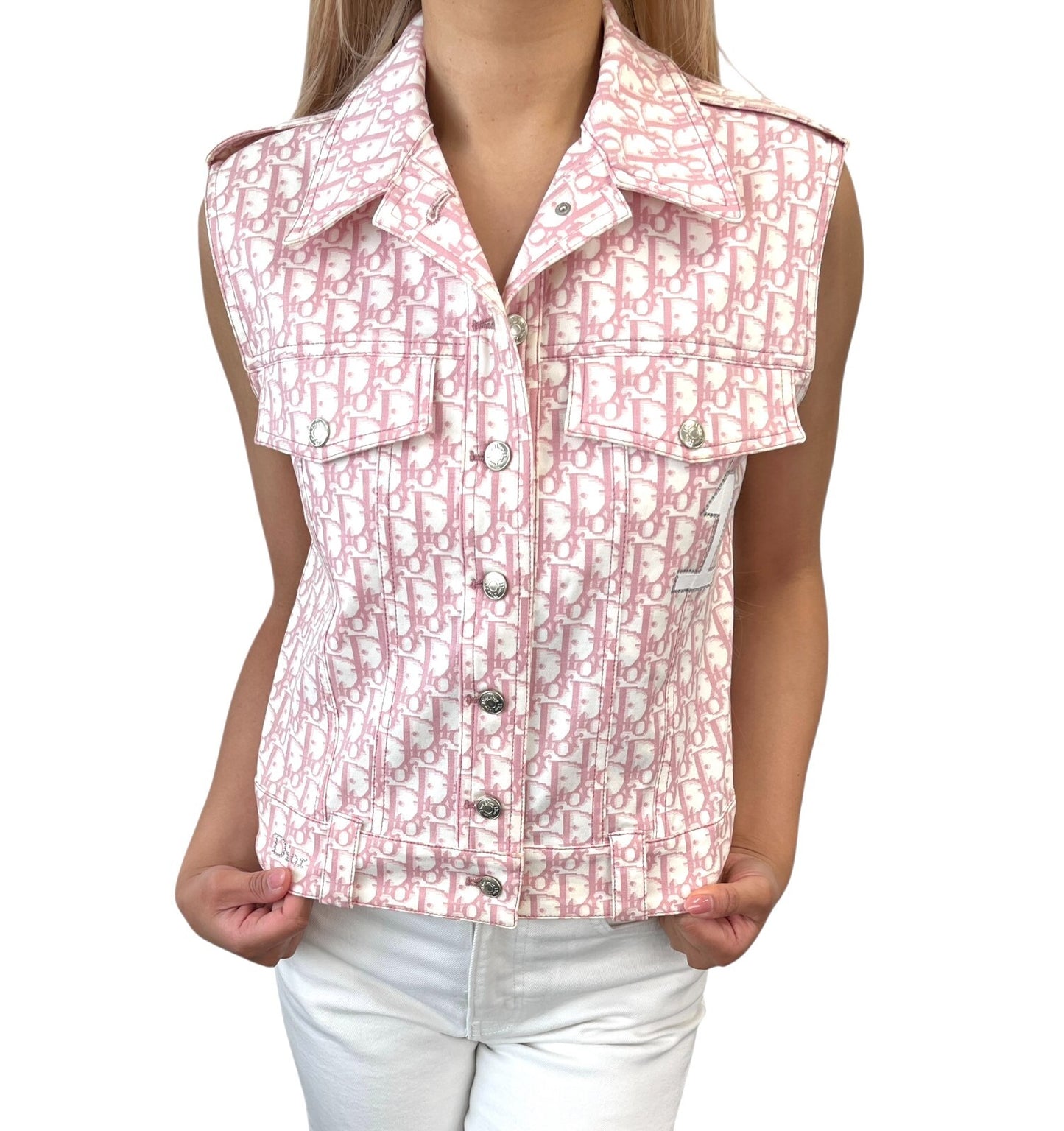 Christian Dior Vintage 2004 Trotter Monogram Vest Jacket #38 Pink White Cotton
