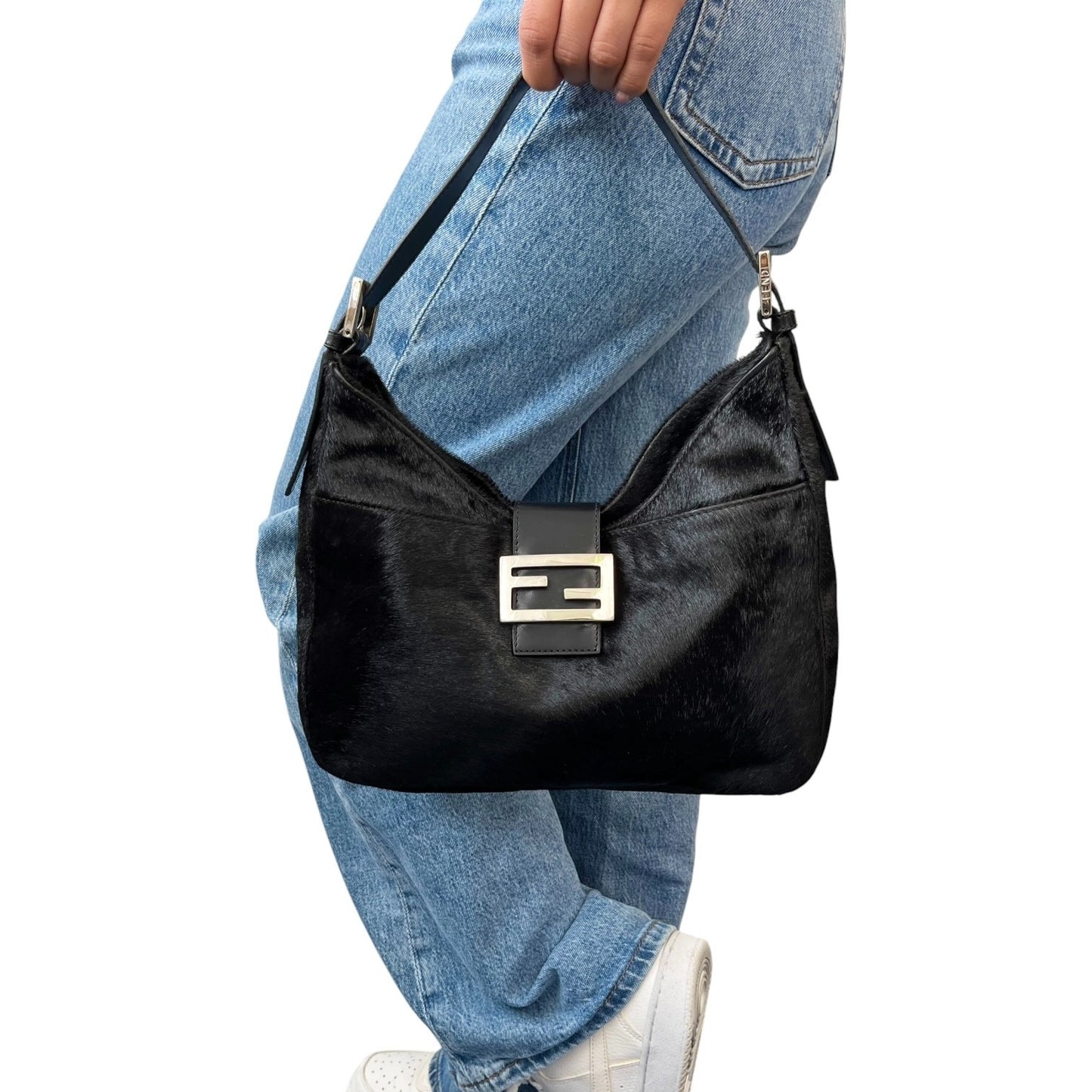 FENDI Vintage FF Logo Pony Calf Hair Hobo Shoulder Bag Black Silver 902040
