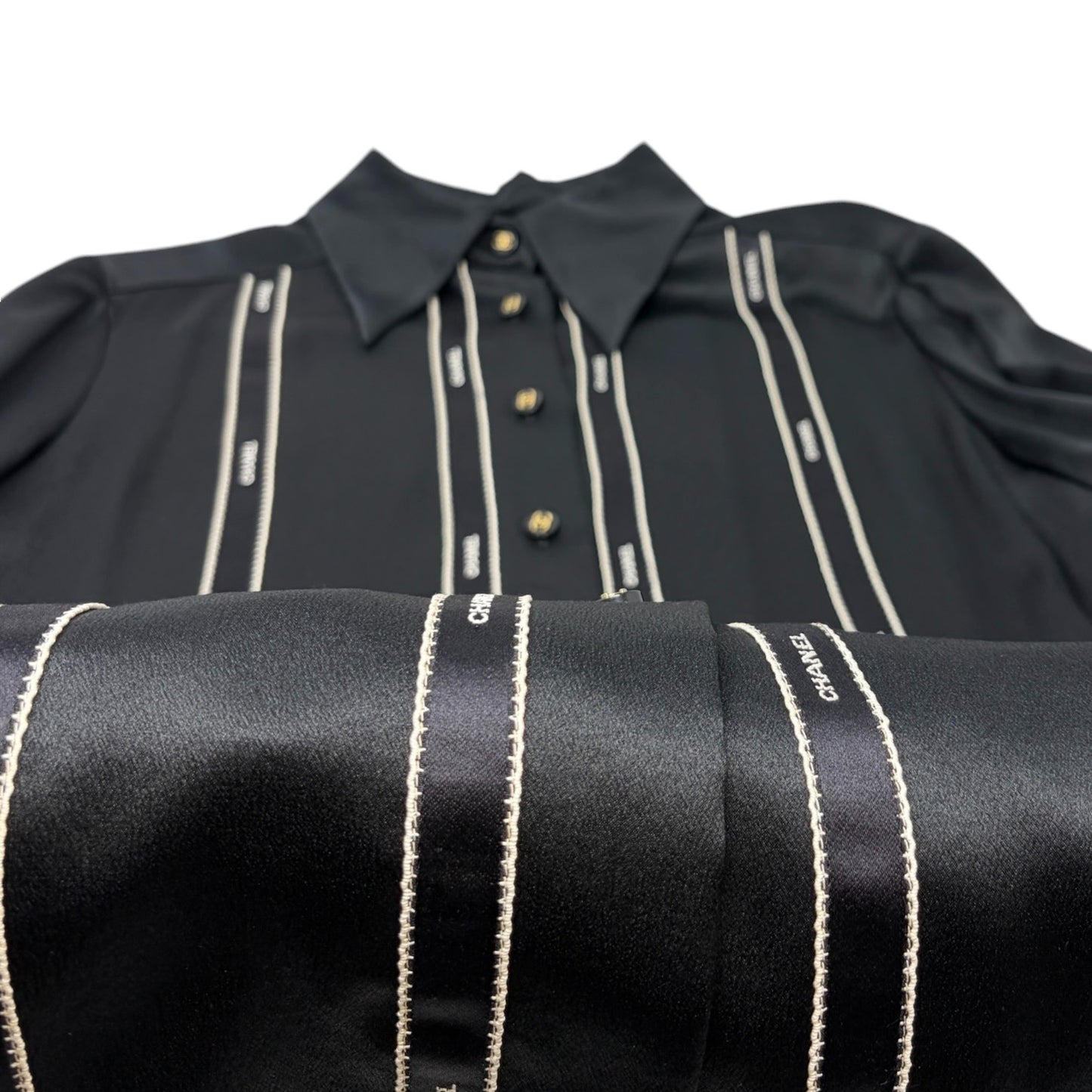 CHANEL Vintage 94A CC Logo Button Up Blouse Silk Shirt #36 Ribbon Black