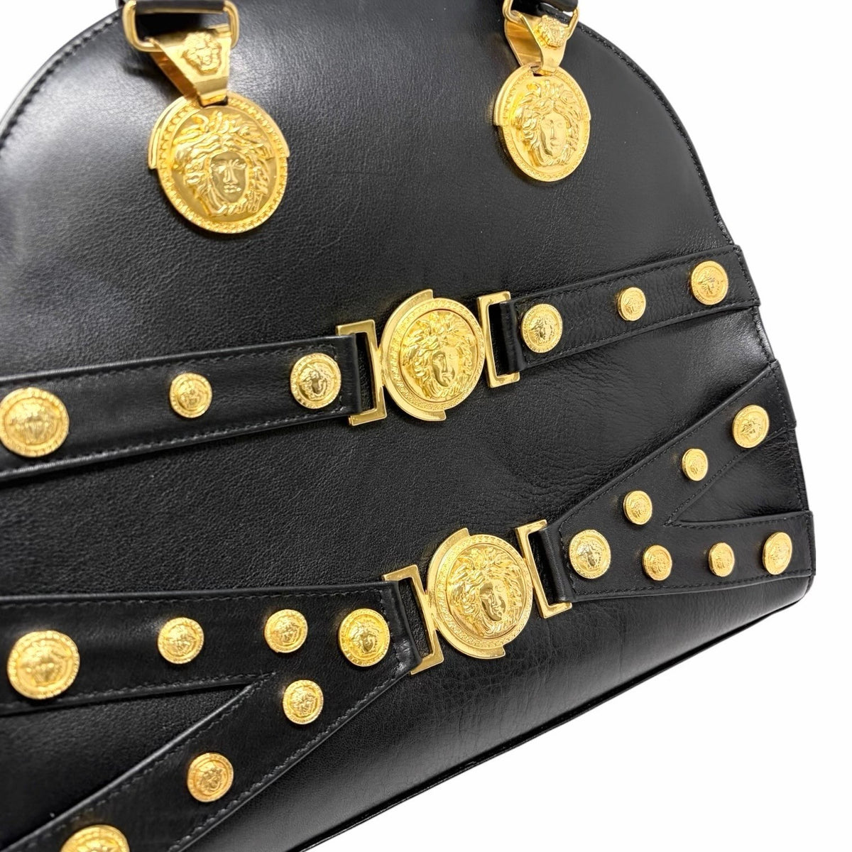 GIANNI VERSACE Vintage Medusa Logo Top Handle Bag Black Gold Leather Zip 902957