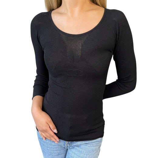CHANEL Vintage 02C CC Mark Logo Long Sleeve Knit Top #36 Black Rayon