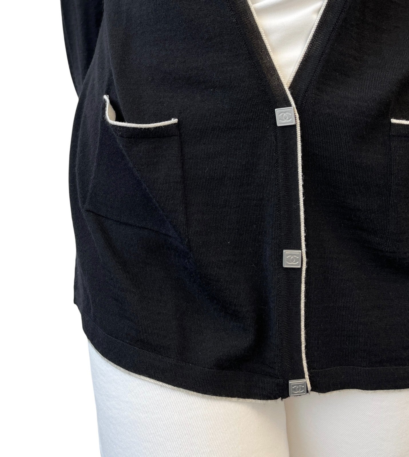 CHANEL Sport Vintage 06A CC Mark Logo Knit Cardigan #46 Black White Silk Wool