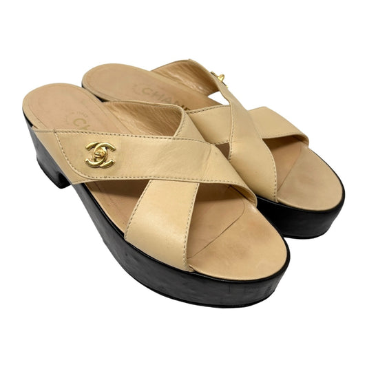 CHANEL Vintage Turnlock CC Logo Belt Platform Sandals #37 Beige Leather 901944
