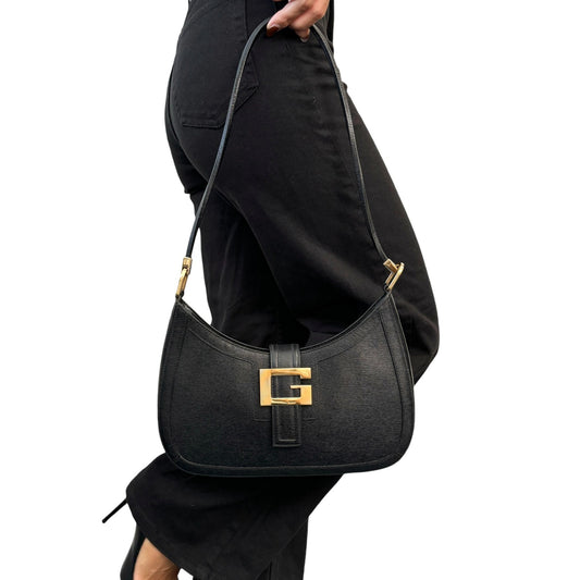 GUCCI Vintage G Square Logo Shoulder Bag Black Gold Leather Magnet 902249